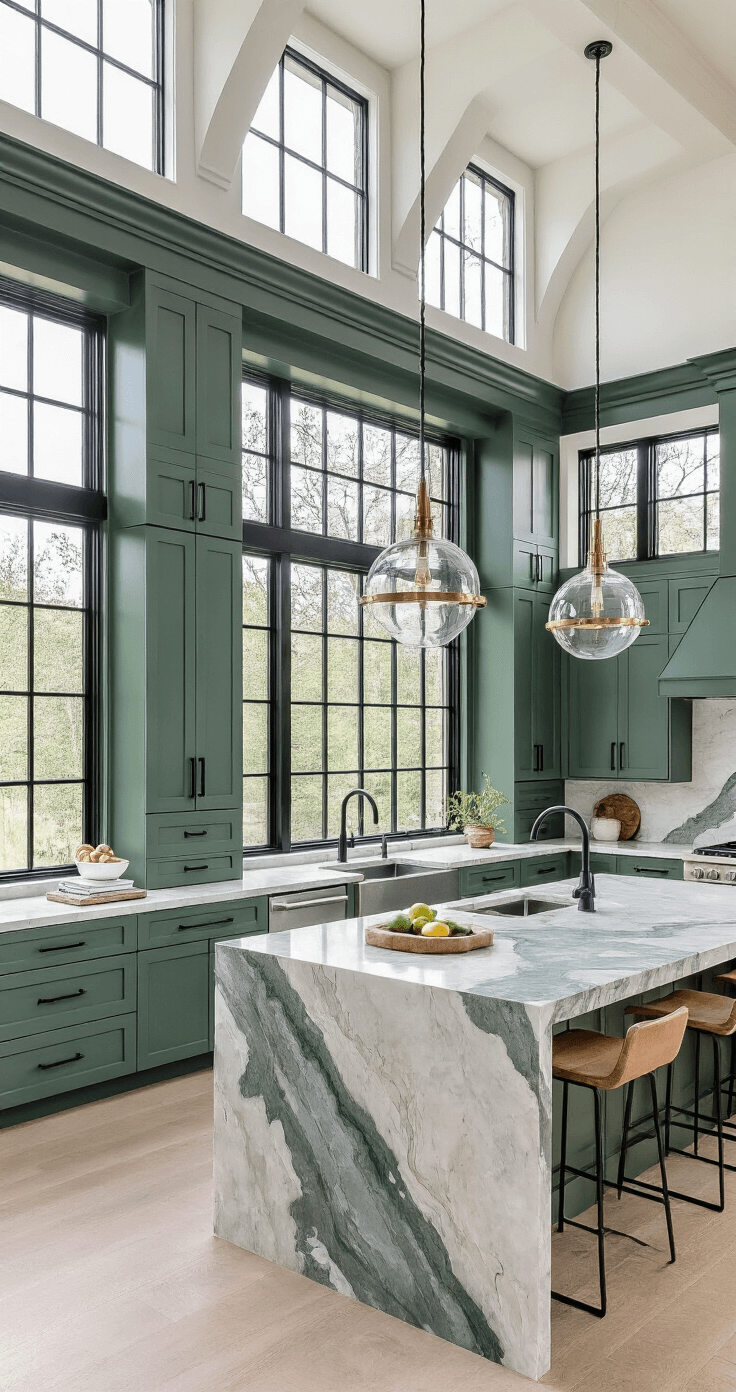 A spacious 14x16ft transitional kitchen featuring peacock green cabinets and black matte hardware, with clerestory windows illuminating the area. An elevated view showcases a waterfall quartz island, modern glass pendants, minimalist bar stools, and stylish brass accents.
