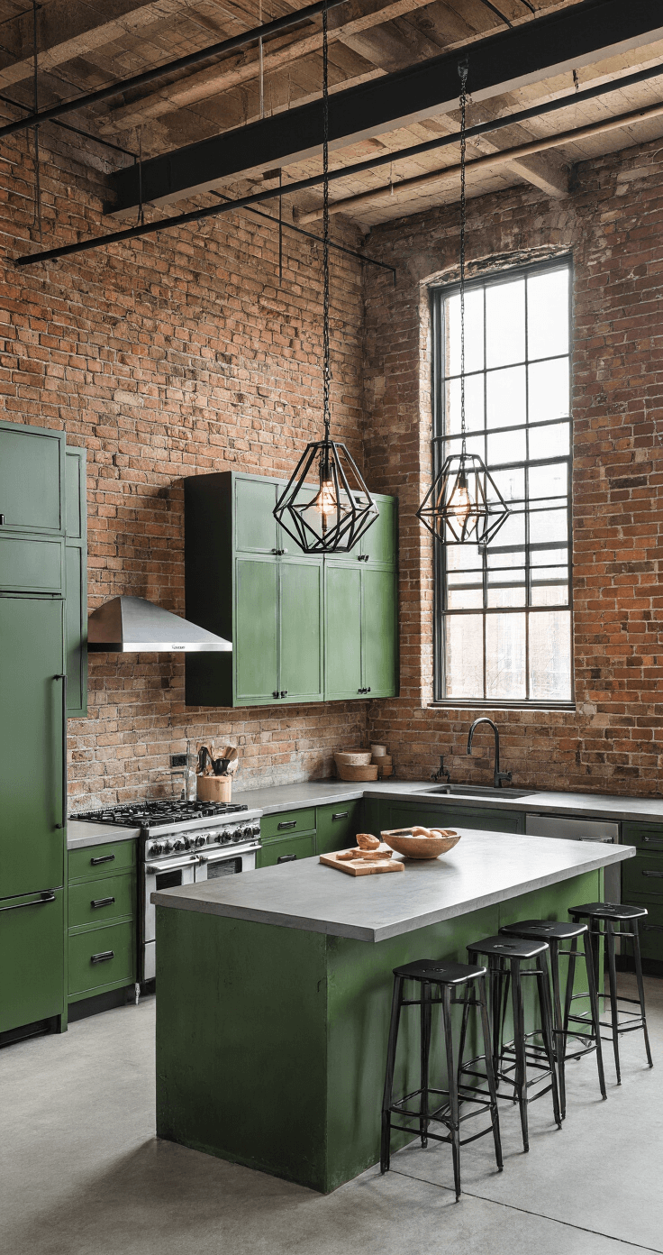 Aerial view of a 16x20ft industrial-chic loft kitchen featuring forest green metal cabinets, blackened steel pulls, exposed brick walls, a concrete island, and bar stools, bathed in afternoon light from factory windows.