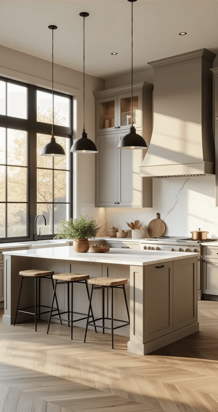 A modern greige kitchen featuring Shaker cabinets, white quartz countertops, matte black accents, and a marble island, bathed in warm sunset light with oak herringbone floors, copper cookware, and terracotta herb pots.