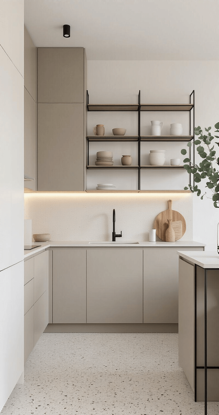 A minimalist Scandinavian kitchen design featuring greige flat-panel cabinets, white concrete countertops, pale terrazzo flooring, and slim black metal open shelving, illuminated by cool northern light and architectural lighting, with a single branch of eucalyptus in a clear glass vase.