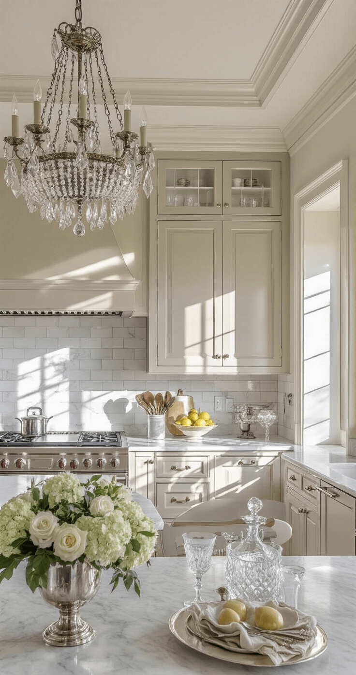 A wide-angle view of an elegant traditional kitchen featuring greige raised-panel cabinets, Carrara marble counters, and a crystal chandelier, illuminated by afternoon light that casts dramatic shadows, with architectural details highlighted and decor including fresh flowers in a silver vase and vintage silverware.