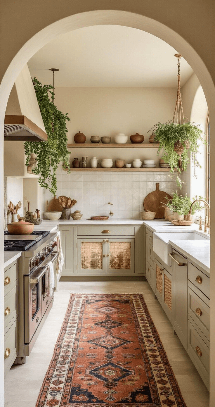 A cozy, bohemian-inspired kitchen featuring greige cabinets with rattan accents, brass hardware, a cream Zellige tile backsplash, and a vintage Persian runner, illuminated by soft mid-morning light and adorned with hanging plants and macramé elements.