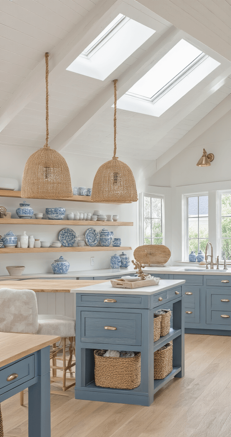 A spacious coastal modern kitchen featuring greige cabinets with blue undertones, white oak open shelving, and a maritime blue island. The vaulted ceiling with a skylight allows diffused natural light to fill the room, highlighting bleached wood floors and styled decor including seagrass baskets, coral specimens, and blue-white ceramics. Rope pendant lights and polished nickel pulls add to the airy atmosphere.
