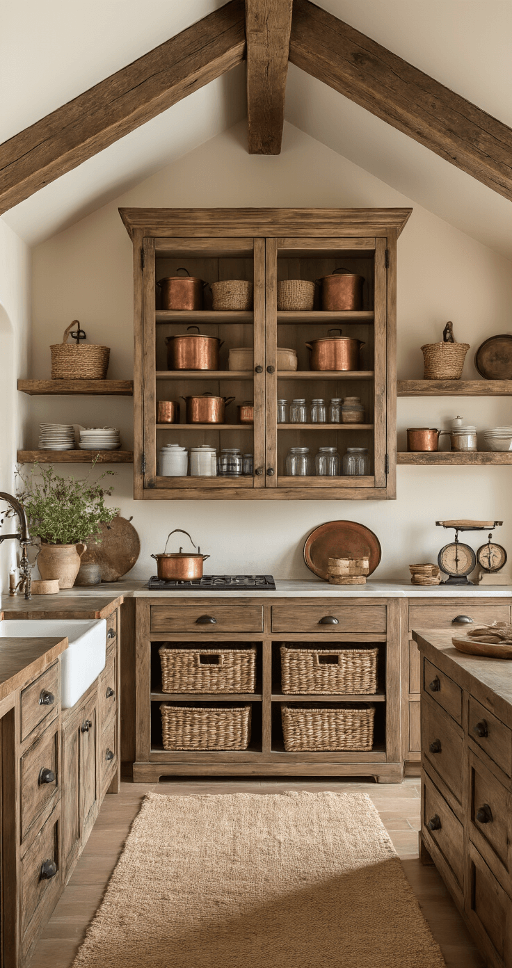 Rustic farmhouse kitchen with cathedral ceiling and distressed wood pantry cabinet, showcasing vintage cookware and natural textures, captured during blue hour with warm lighting.