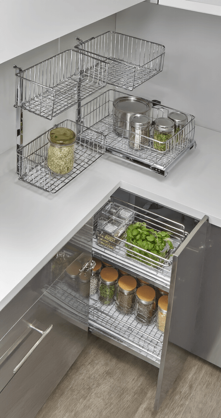 Overhead view of a contemporary pull-out pantry system in a compact 8x10ft urban kitchen, featuring chrome wire baskets and clear acrylic containers in a 24-inch deep cabinet. Afternoon lighting and accent lights highlight organized, labeled drawer systems, modular storage, and a color palette of metallic grey and white with green herb accents. High-gloss surfaces and brushed metal materials create a sleek aesthetic.