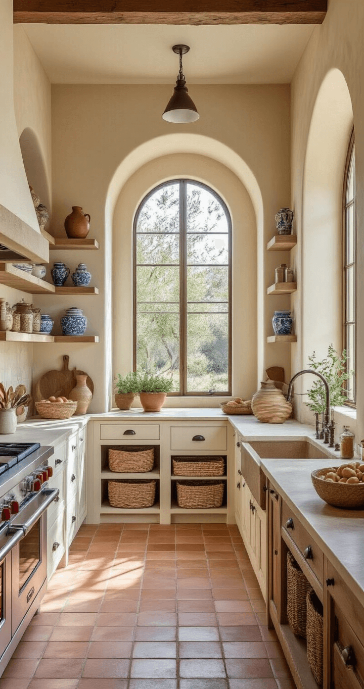 A Mediterranean-inspired kitchen with a built-in pantry wall, featuring cream cabinets, terracotta tiles, and deep blue accents. Natural light floods in through arched windows, highlighting custom cabinetry and decor, including hand-painted ceramics, woven baskets, olive oil collections, and dried pasta displays.