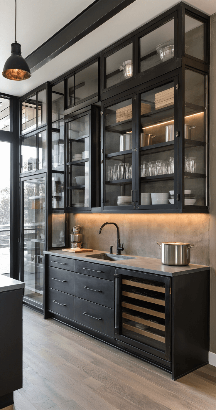 Industrial-modern kitchen featuring black steel-framed pantry cabinets, dramatic evening lighting, glass-front doors, adjustable metal shelving, and matte black hardware in a 12x18ft space with a color palette of black, gunmetal, and warm wood accents.