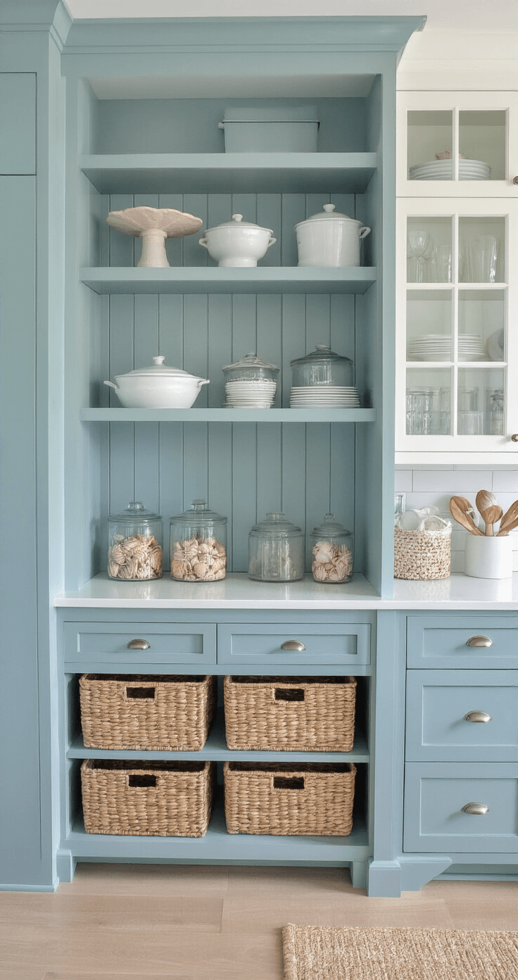 Coastal-inspired kitchen with a tall soft blue-grey built-in pantry, beadboard details, and glass-front cabinets, featuring woven seagrass baskets and clear glass canisters; bathed in morning light for a bright, breezy atmosphere.