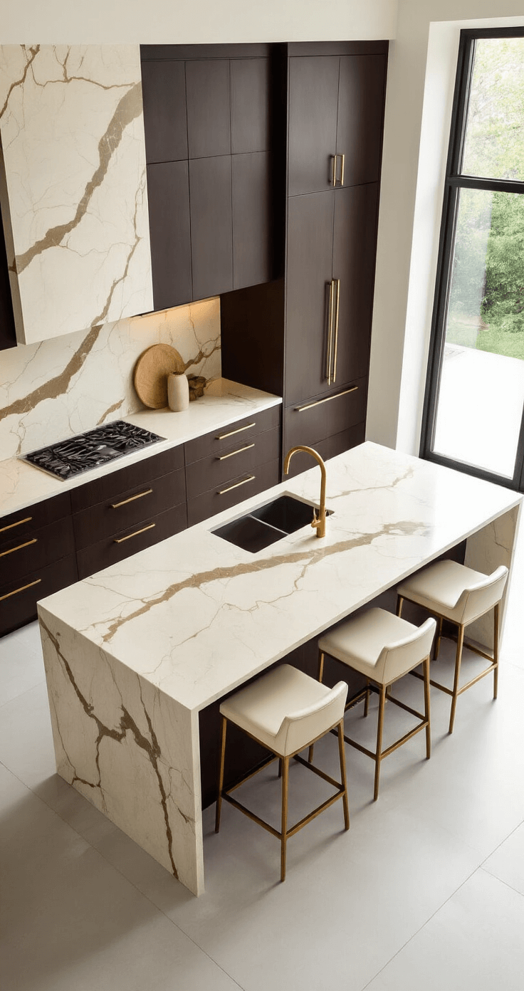 Luxe contemporary kitchen featuring deep espresso-brown cabinets, a waterfall island, and a dramatic veined marble backsplash, illuminated by morning light from floor-to-ceiling windows. Minimalist cream leather bar stools complement the sophisticated atmosphere, with studio lighting enhancing the material contrasts.