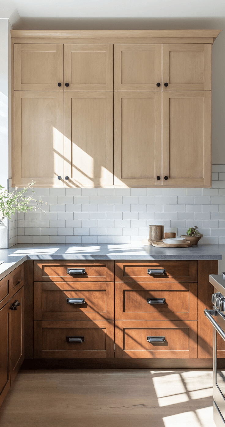 Transitional L-shaped kitchen with two-tone brown cabinets, featuring light maple upper cabinets and rich walnut lowers, complemented by a white subway tile backsplash, matte black hardware, and grey soapstone counters, enhanced with copper accents and illuminated by afternoon light, creating dynamic shadows and a warm, inviting atmosphere.