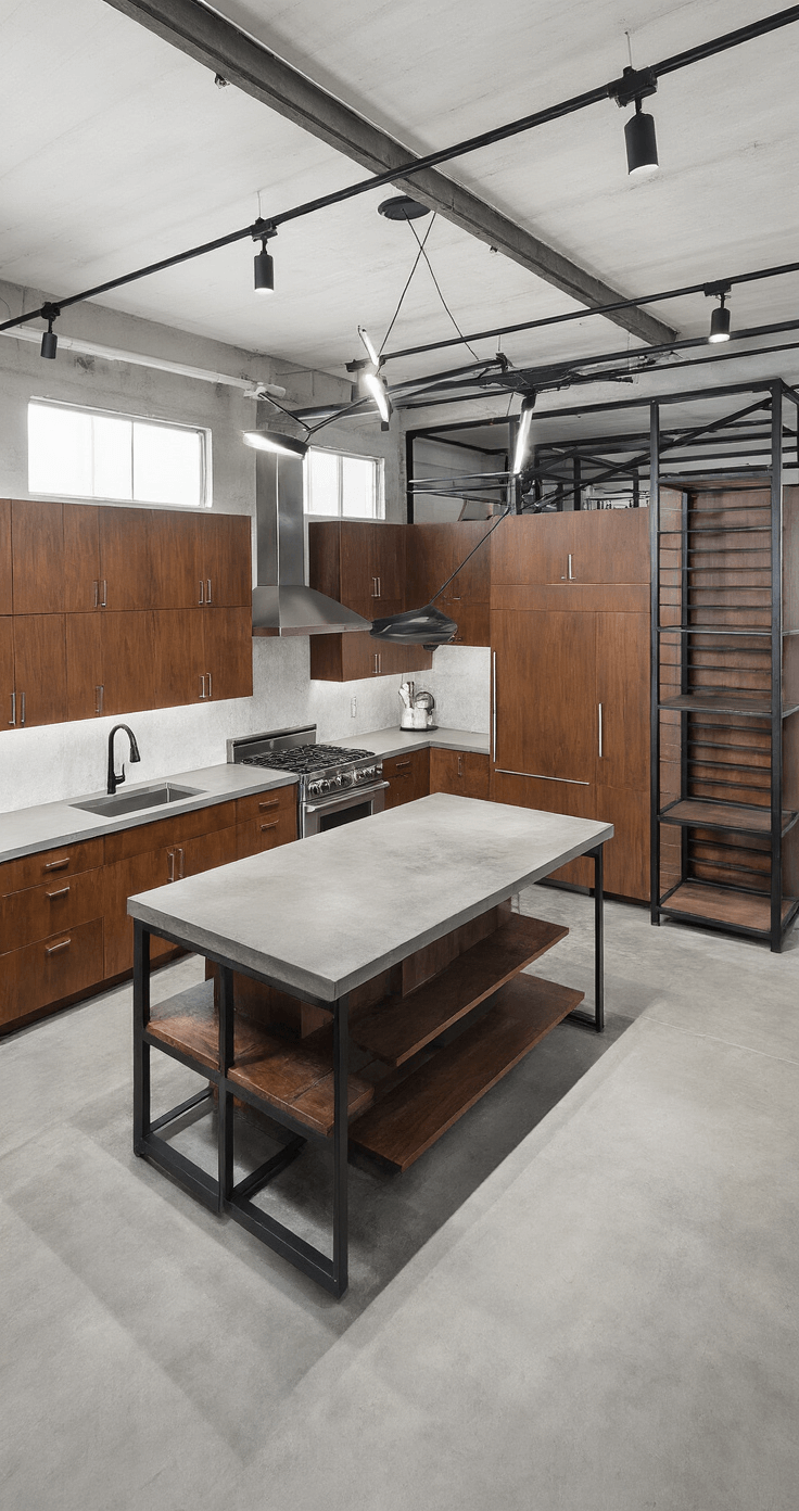 A bird's eye view of an industrial-modern kitchen featuring concrete floors, medium-brown cherry cabinets with flat panels, stainless steel appliances, and concrete countertops, enhanced by dramatic track lighting and black metal open shelving, creating a raw yet refined atmosphere.