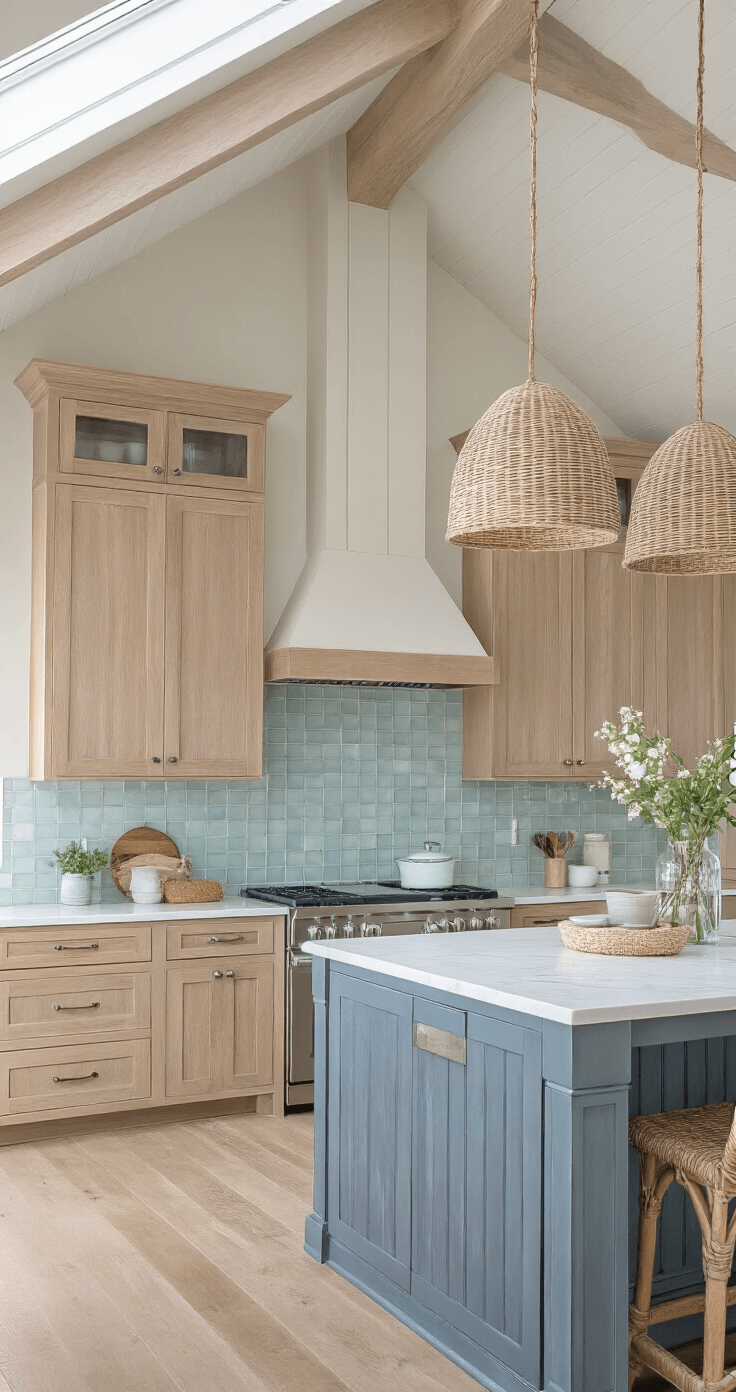 Coastal kitchen featuring light brown oak cabinets, blue-grey island with white marble top, and natural light from skylight, showcasing a fresh, airy atmosphere with woven pendant lights and sea glass-toned ceramic tiles.