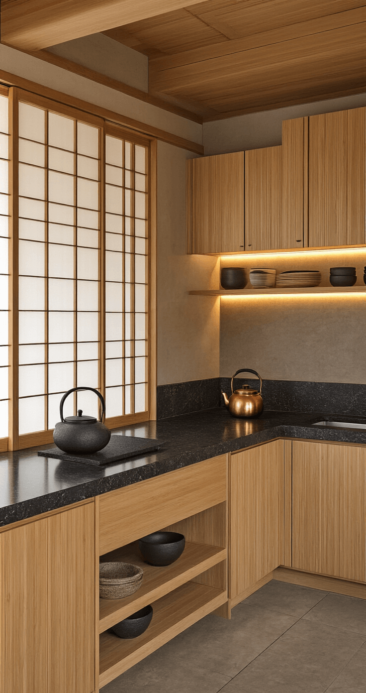 A serene Japanese-inspired kitchen featuring medium brown bamboo cabinets, a stone vessel sink, and a copper tea kettle, bathed in soft morning light filtering through rice paper panels and sliding shoji screens. Low perspective emphasizing horizontal lines and subtle accent lighting creates a zen atmosphere.