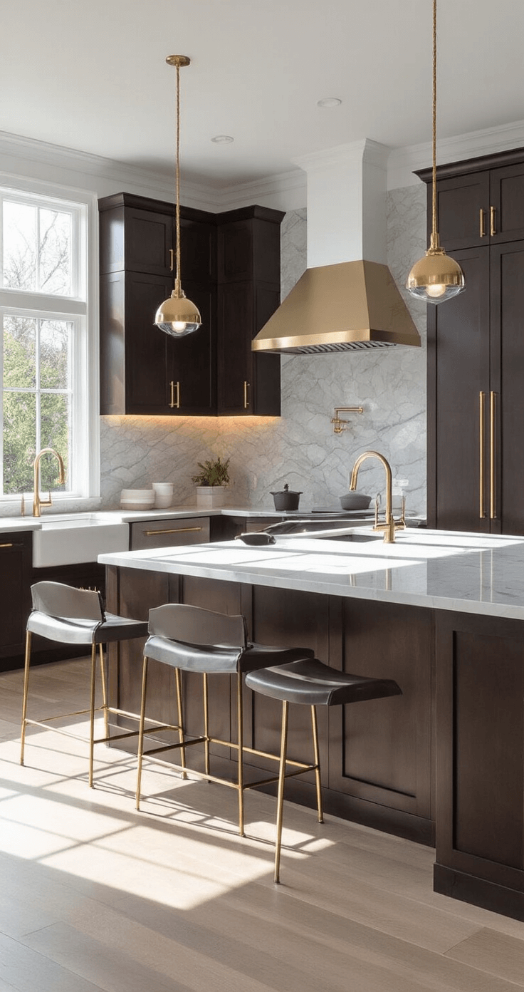 Dark Kitchen Cabinets: The Bold Design Choice That Transforms Your Space A contemporary kitchen with espresso-stained cabinets, Calacatta marble countertops, and polished brass hardware, illuminated by morning light through floor-to-ceiling windows, featuring a center island with waterfall edges and minimalist bar stools.