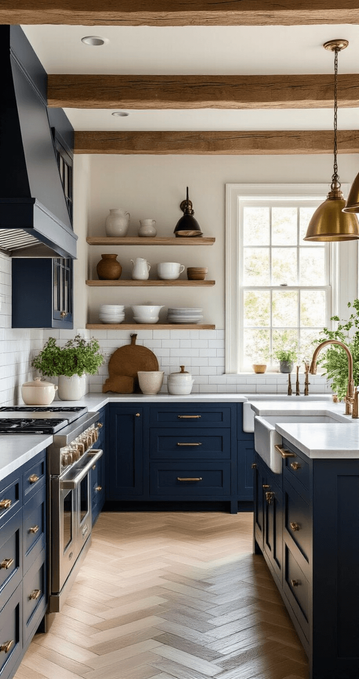 A Nordic-inspired kitchen featuring navy blue shaker cabinets, white oak herringbone floors, and exposed wooden beams, illuminated during golden hour. The space showcases honed marble countertops, a cream subway tile backsplash, and vintage brass pendants over a farmhouse sink, styled with ceramic vessels and fresh herbs.