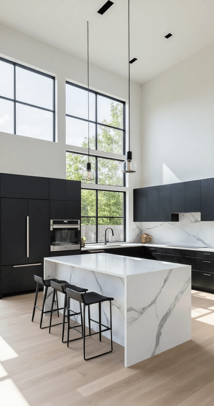 Modern minimalist kitchen with matte black cabinets, a white quartz waterfall island, and double-height windows, showcasing geometric patterns and clean lines.