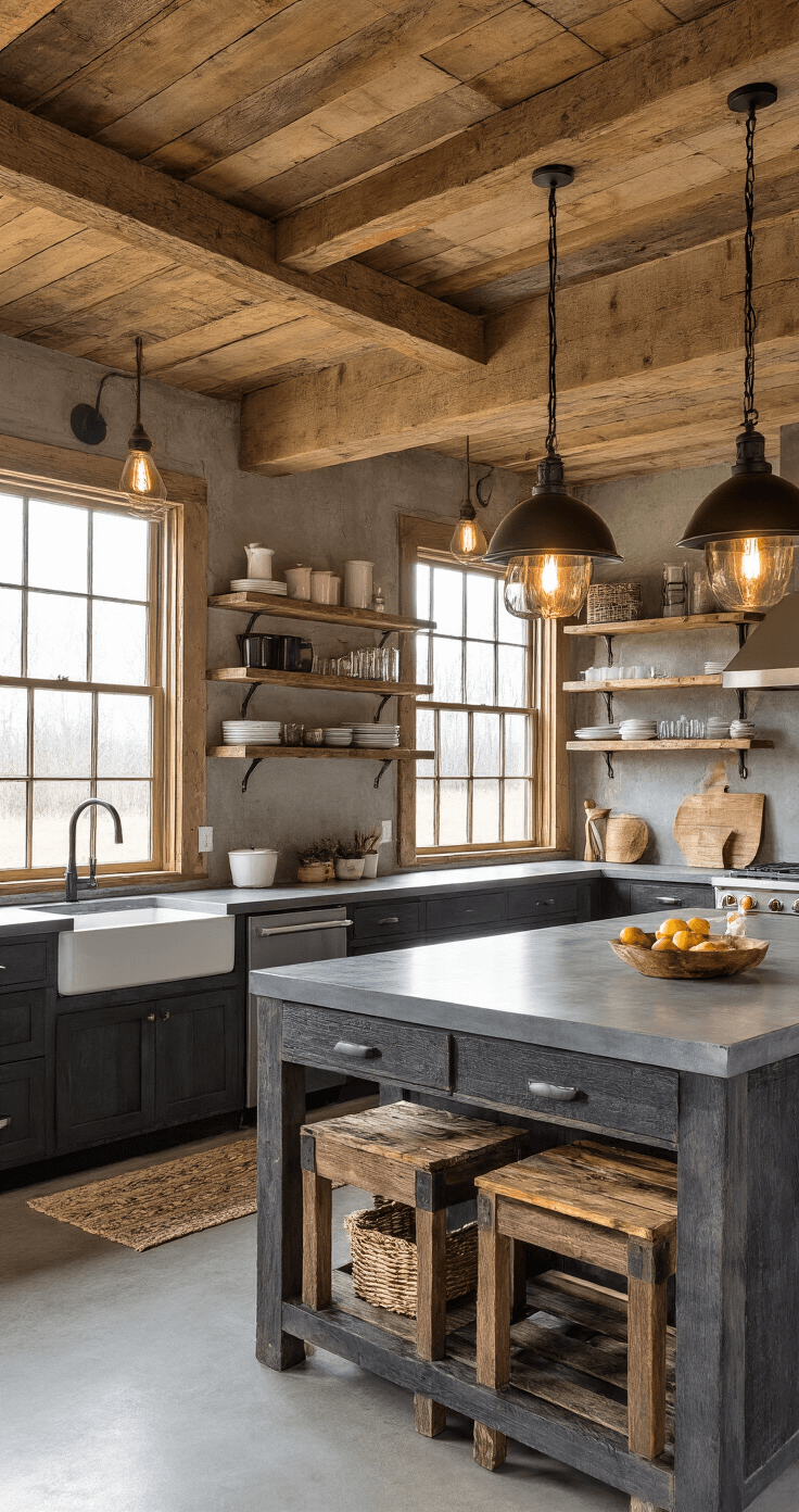 A rustic-modern kitchen in a converted barn, featuring charcoal-stained oak cabinets, exposed wooden beams, industrial pendant lights, concrete countertops, and reclaimed wood shelving, captured during blue hour with warm mixed lighting.