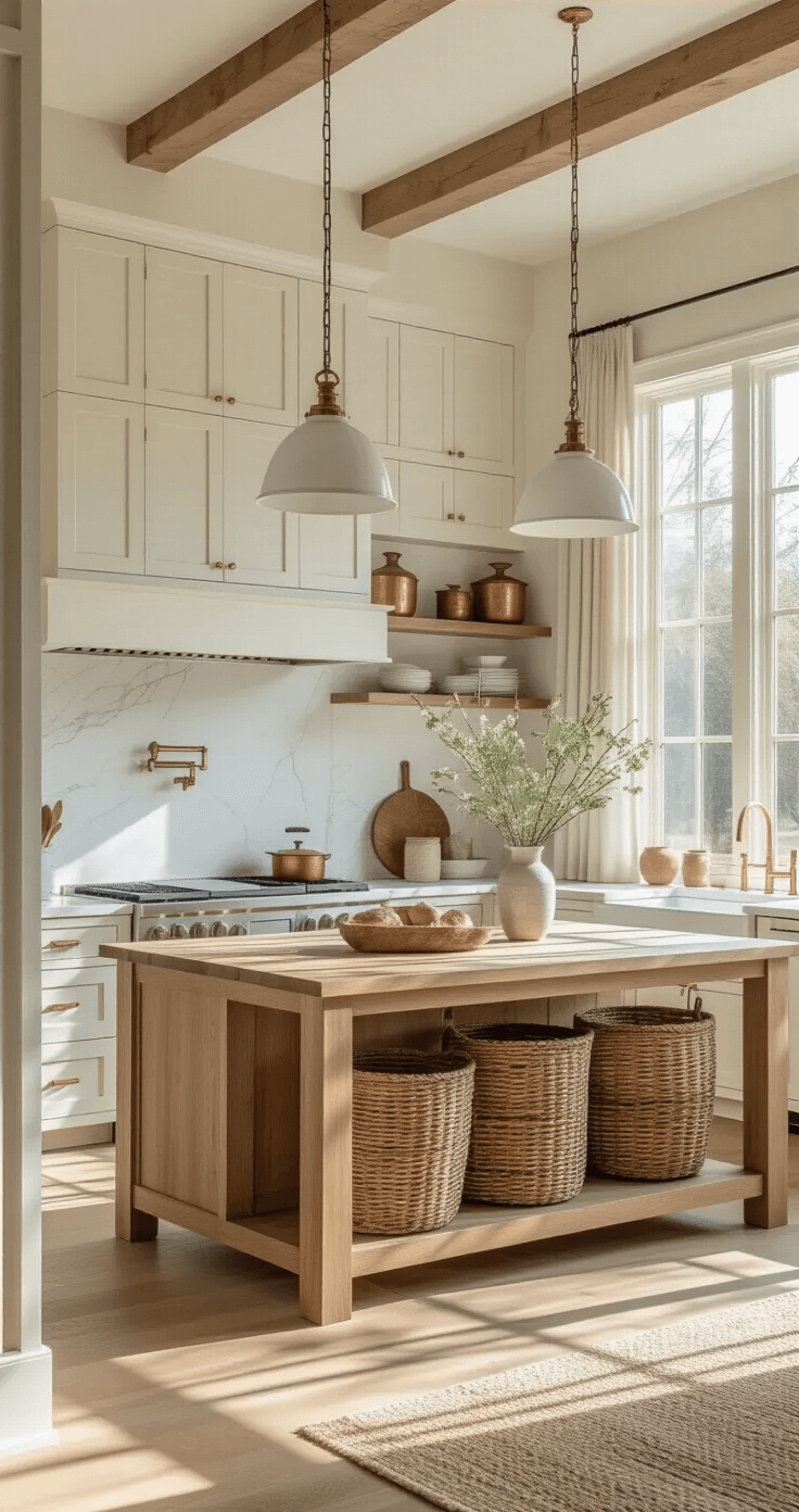 Wooden Kitchen Cabinets: The Ultimate Guide to Timeless Kitchen Design A wide-angle view of a sunlit modern farmhouse kitchen featuring white oak cabinets, a butcher block island, and marble backsplash, illuminated by natural light filtering through large windows, with decorative vintage cookware and soft textures.