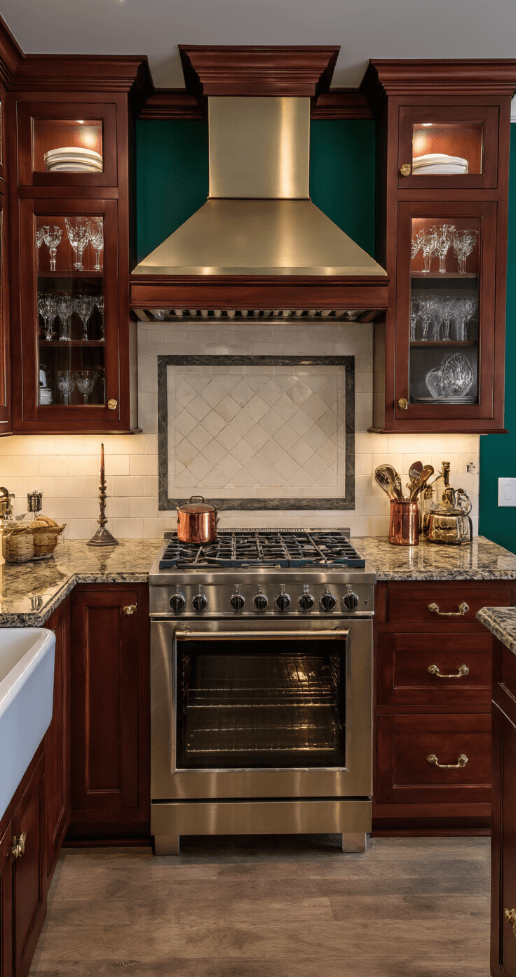 Intimate corner shot of a traditional kitchen featuring rich cherry wood cabinets and dramatic under-cabinet lighting, with deep emerald walls and a copper range hood, captured at blue hour for a moody atmosphere.