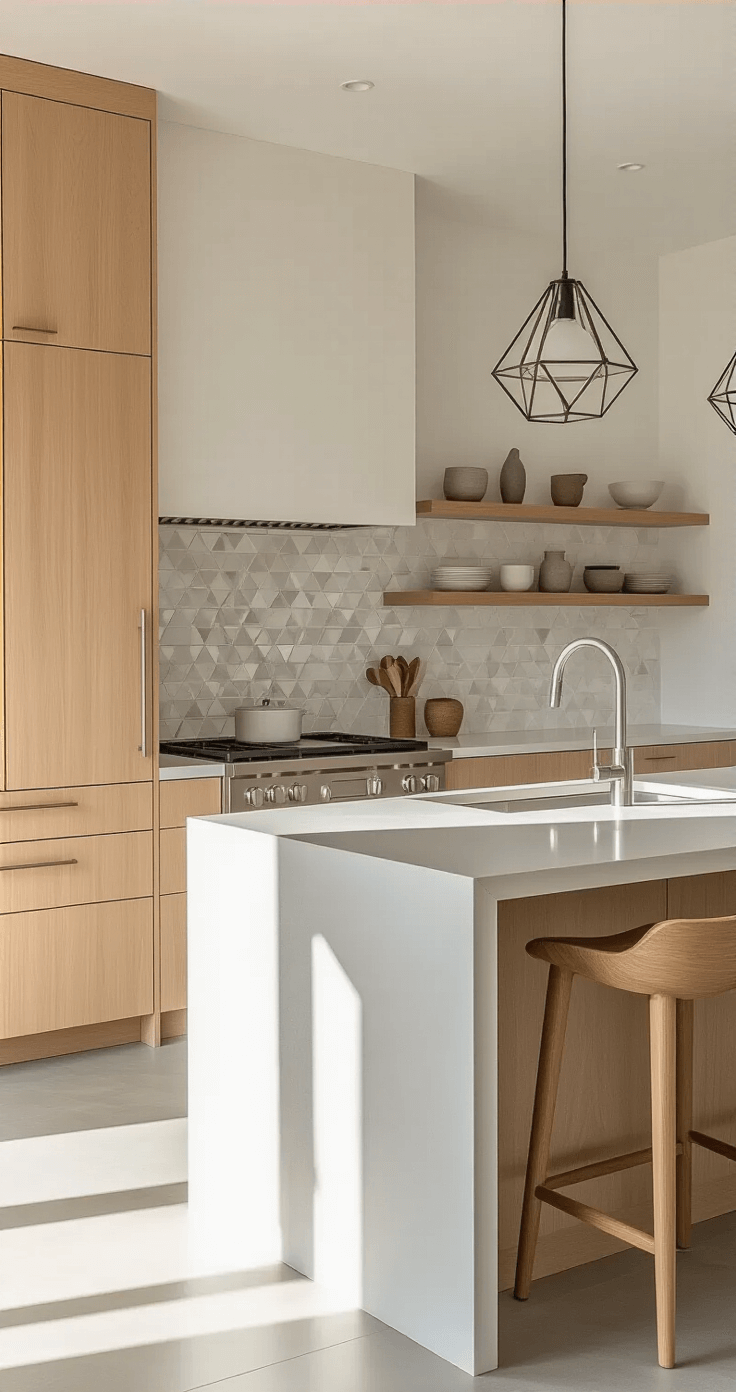 A contemporary kitchen filled with bright morning light, featuring floor-to-ceiling maple cabinets, a waterfall island with an integrated sink, and geometric tile backsplash, all in a Scandinavian-inspired color palette of warm whites, pale woods, and concrete grays, complemented by stainless steel appliances and geometric pendant lights.