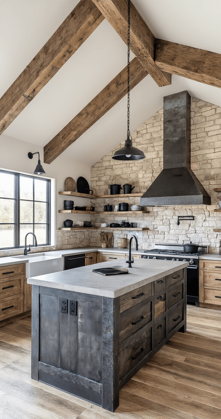 A wide shot of a modern rustic kitchen featuring a vaulted ceiling, reclaimed barnwood and hickory cabinets with black iron hardware, an industrial-style island with a metal base and concrete countertops, open shelving displaying matte black cookware, and a stone accent wall, all illuminated by vintage-inspired lighting in a palette of earth tones and black accents.