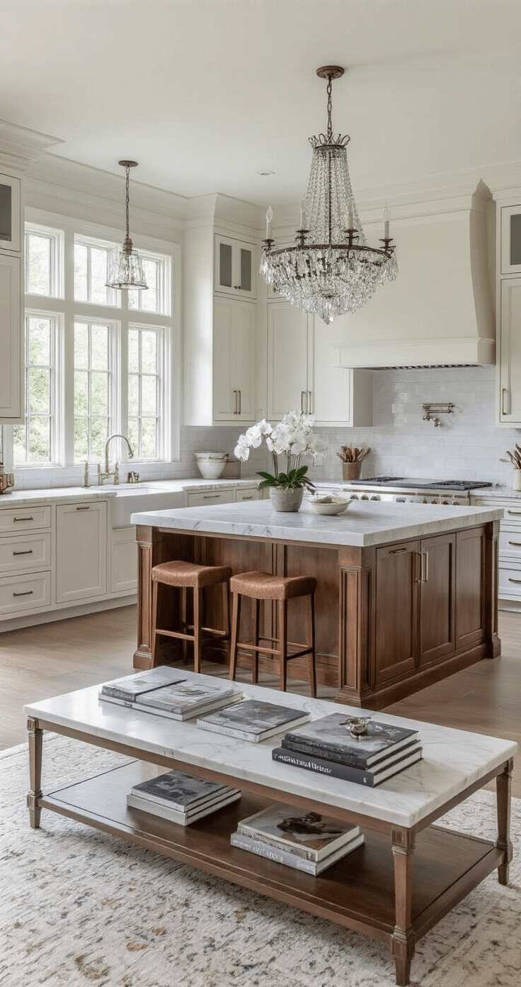 Luxurious transitional kitchen featuring painted white upper cabinets and walnut lower cabinets, dual islands with marble waterfall edges, a crystal chandelier, and polished nickel hardware, all captured from the entrance with soft, even lighting.