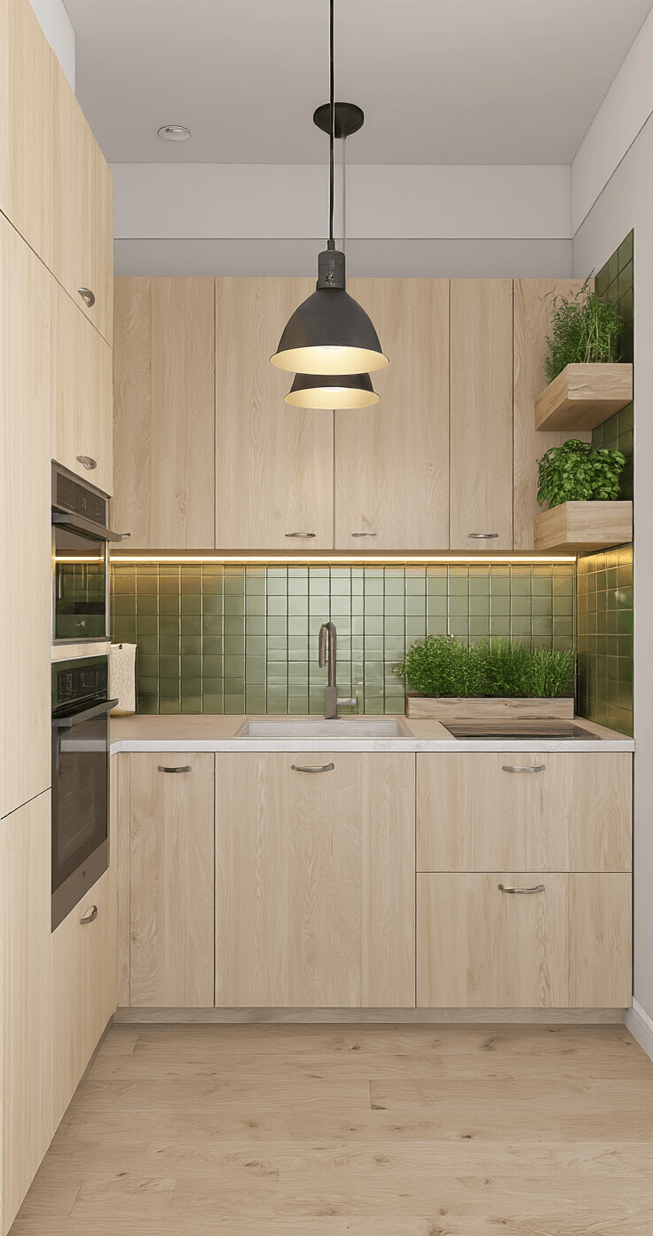 Compact urban kitchen featuring birch cabinets, metallic tile backsplash, and effective vertical storage solutions, with a herb garden on floating shelves and modern appliances, captured in bright, even lighting.