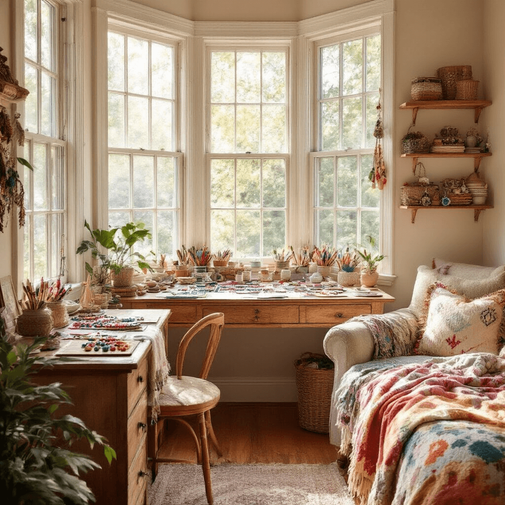 A cozy bedroom corner featuring a vintage wooden desk under a large bay window, cluttered with colorful embroidery supplies and friendship bracelet projects, flanked by floating shelves displaying handmade jewelry. A comfortable armchair draped in a bohemian throw blanket completes the serene scene, illuminated by warm afternoon light.