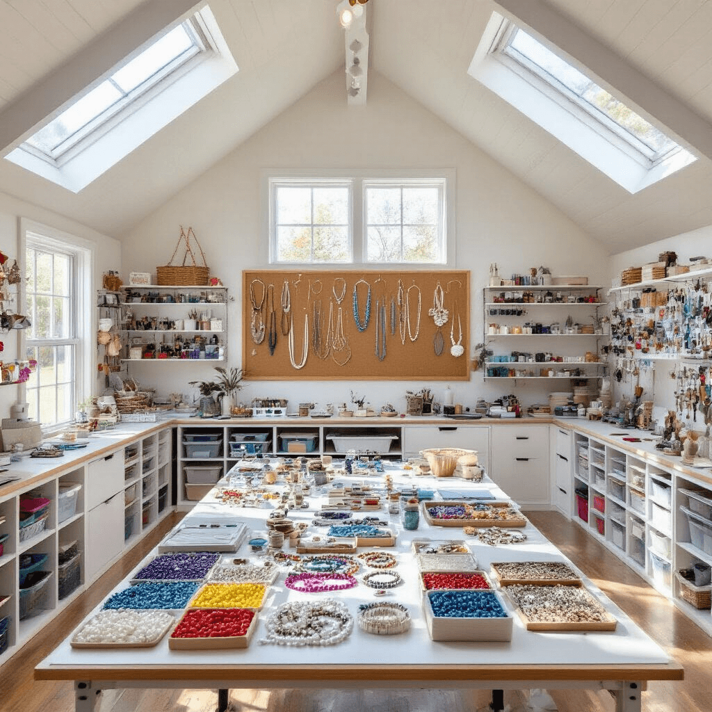 A bright and airy craft room with vaulted ceilings and skylights, featuring a large worktable adorned with various beading supplies and organized storage units, showcasing a colorful array of materials and finished jewelry on a cork board.
