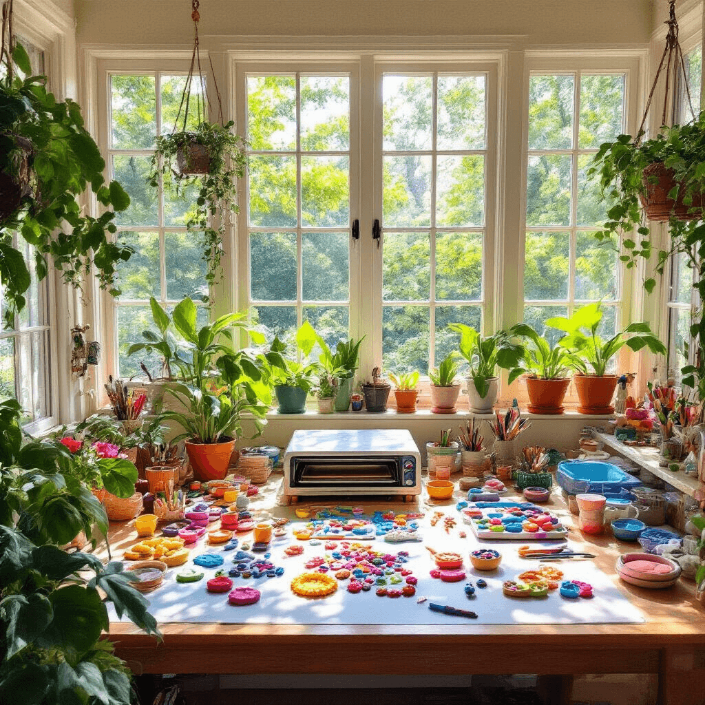 A bright and cheerful polymer clay studio in a sunroom, featuring a large crafting table covered in colorful clay and tools, surrounded by floor-to-ceiling windows with dappled sunlight and lush greenery outside, creating an inspiring and vibrant workspace.