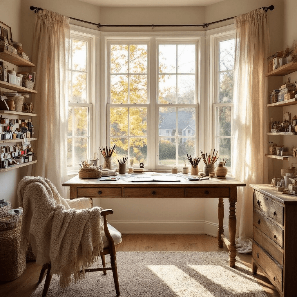 A cozy home office with warm afternoon light, featuring a rustic wooden desk filled with calligraphy supplies and a half-finished birthday card, a bay window with sheer curtains, and shelves displaying colorful craft materials, all in soft neutrals and pastel accents.