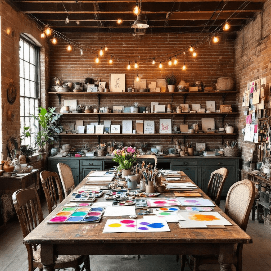 An eclectic living room transformed into a crafting paradise, featuring a large farmhouse table covered in watercolor papers and art supplies, surrounded by mismatched vintage chairs. High ceilings and exposed brick add character, while string lights create a warm atmosphere. Floating shelves display handmade cards, all in rich jewel tones with metallic accents.