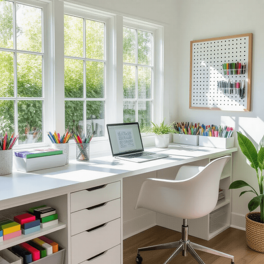 A bright, modern kitchen nook converted into a lettering studio, featuring a sleek white desk with an open laptop, organized drawers with colorful markers and brush pens, and a pegboard displaying art in progress, all illuminated by natural light streaming through floor-to-ceiling windows overlooking a lush garden.