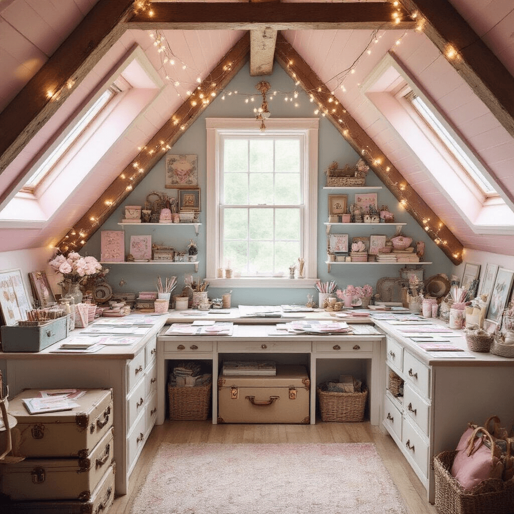 A dreamy attic craft room with slanted ceilings and dormer windows, featuring a large crafting island covered in birthday card projects, vintage suitcases for storage, twinkling fairy lights, a cozy window seat, and a pastel color scheme of pinks and blues with gold accents.