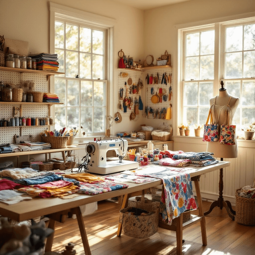 A bright and inviting craft room filled with colorful fabric scraps, a sewing machine, and half-finished projects, showcasing shelves of fabric, buttons, and spools, all bathed in warm afternoon light.