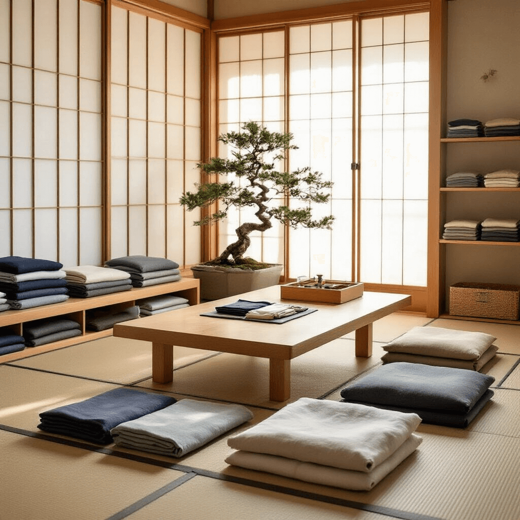 A serene, minimalist sewing space inspired by Japanese design, featuring a low table on tatami mats surrounded by floor cushions, neatly arranged muted fabric squares, a wooden sewing supplies box, and a shoji screen casting delicate shadows. A small bonsai tree adds a natural touch, while komebukuro bags in various stages of completion are displayed on simple wall shelves, all illuminated by soft morning light.