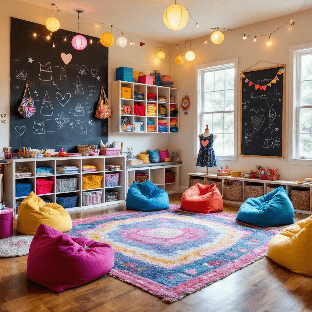 A vibrant children's playroom with a colorful rug, bean bags, low tables, and a wall of cubbies filled with craft supplies. A chalkboard wall features bag designs, and overhead string lights and paper lanterns create a cheerful atmosphere. A child-sized mannequin displays a heart-shaped bag, all captured from the doorway in bright lighting.