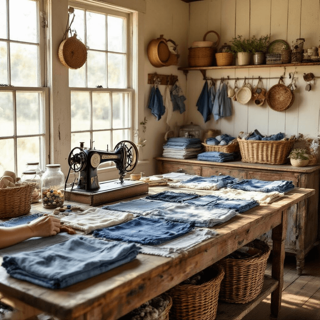 A cozy rustic farmhouse kitchen bathed in golden hour light, featuring a farmhouse table covered with repurposed denim and fabrics, a vintage sewing machine, mason jars of buttons, and herb drying racks storing fabric. Wicker baskets hold completed bags, with warm wood tones and creamy walls accented by red, all viewed from a low angle emphasizing hands busy at work.