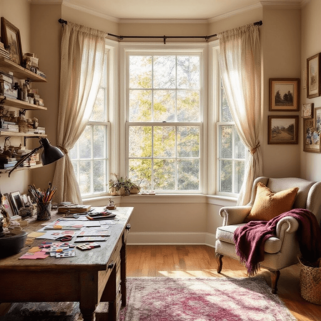 A cozy home office with warm afternoon light, featuring a bay window with gauzy curtains, a rustic wooden desk cluttered with colorful paper scraps and a deck of playing cards, shelves filled with craft supplies and framed photos, soft beige walls, rich brown hardwood floors, and a plush armchair with a burgundy and gold throw blanket.