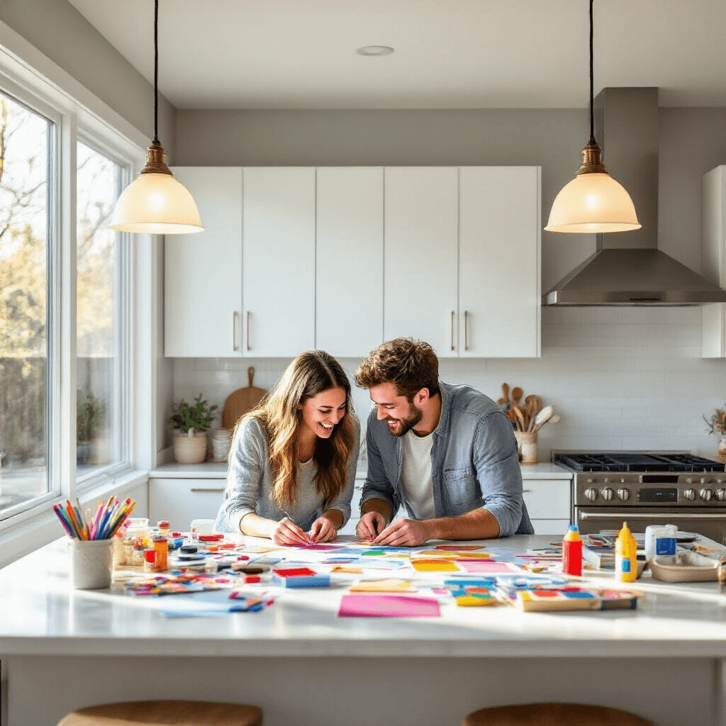 A bright modern kitchen with white cabinets and stainless steel appliances, filled with morning sunlight. A young couple leans over a large island covered in colorful craft supplies, laughing and working together. Pendant lights illuminate the space, highlighting the pale gray walls and vibrant materials.