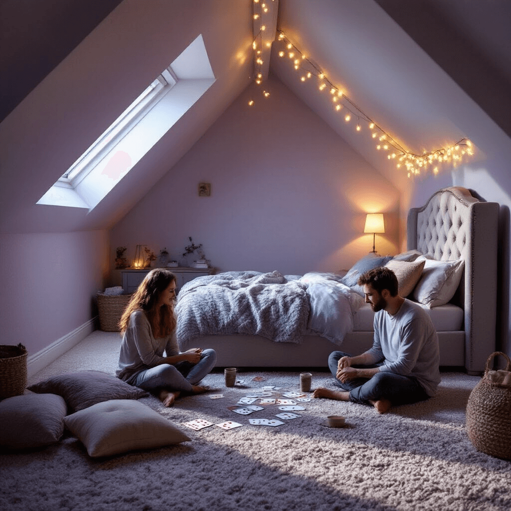 A cozy, whimsical bedroom with slanted ceilings, featuring a king-sized bed adorned with colorful throw pillows, soft lavender walls, and twinkling fairy lights. A couple sits cross-legged on the plush carpet, surrounded by playing cards and notes, illuminated by warm evening light.