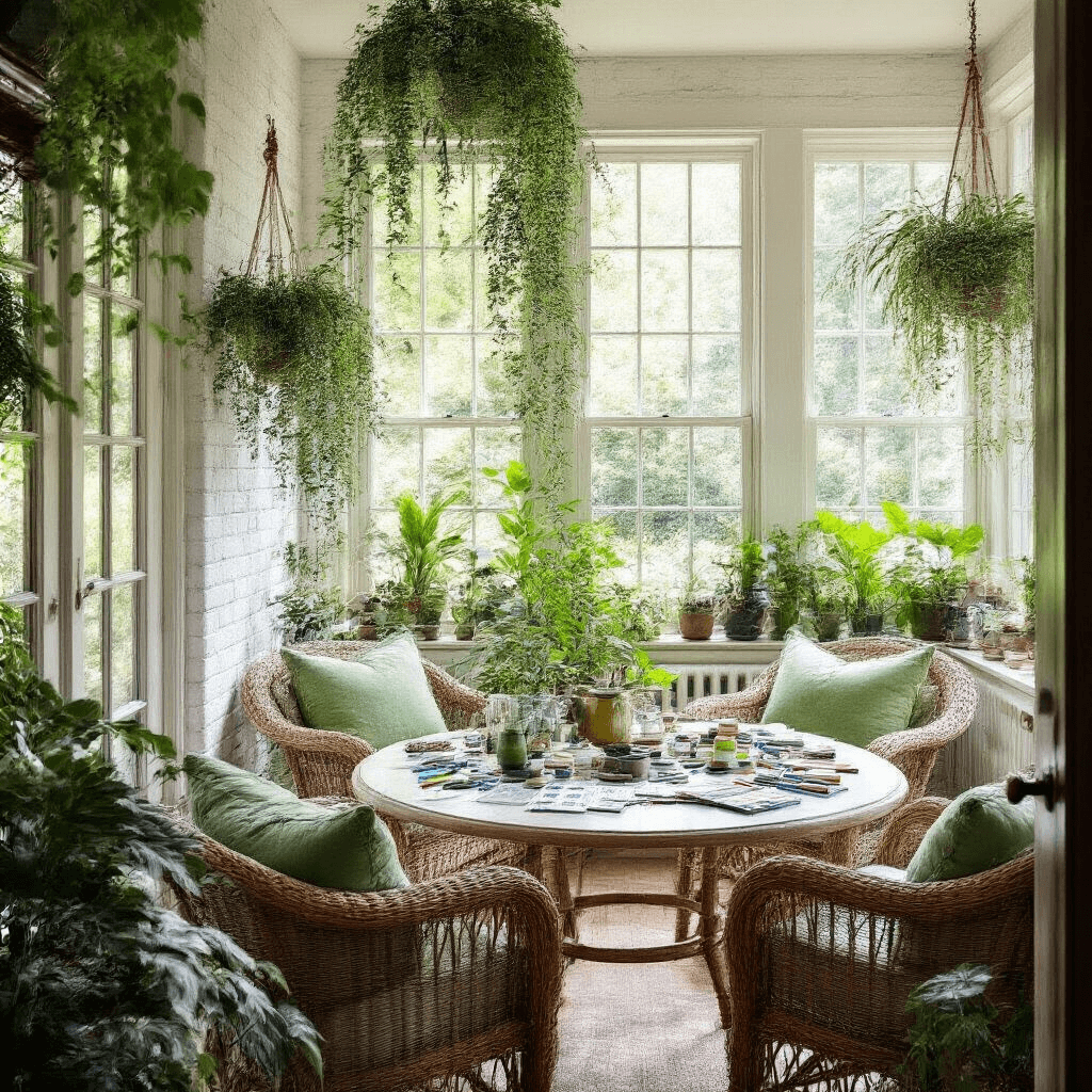 A sunroom filled with plants and natural light, featuring floor-to-ceiling windows, wicker furniture, a central table with craft supplies, and a view of a lush garden.