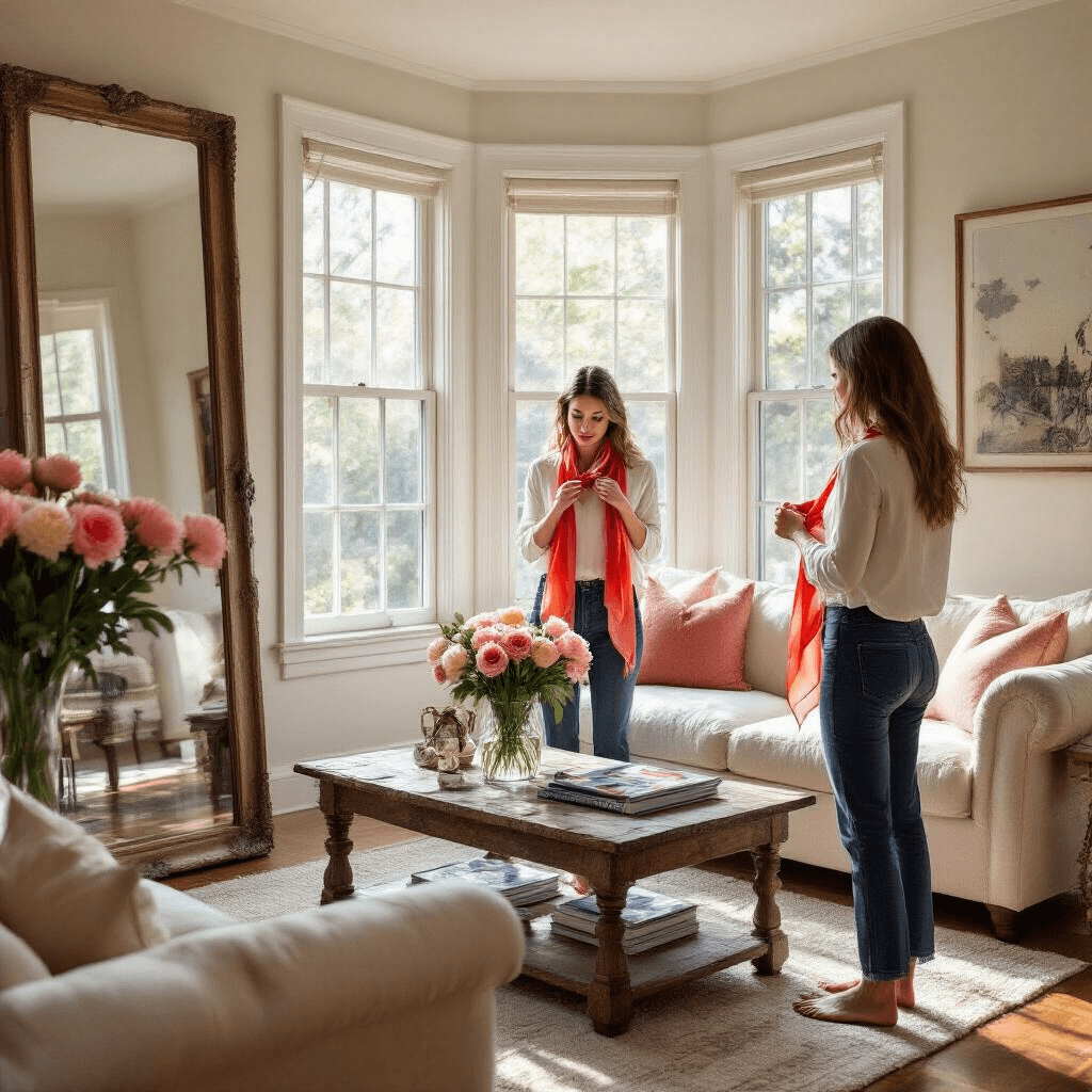 A cozy living room with large bay windows, featuring a cream sofa, rustic coffee table with magazines and peonies, and a young woman in dark jeans and a white blouse tying a vibrant silk scarf in front of a mirror, all bathed in soft morning light.