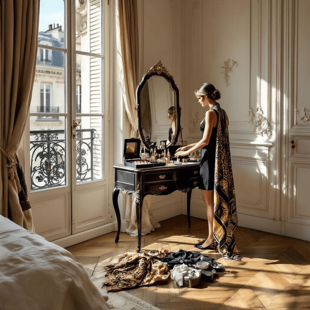 An elegant Parisian-style bedroom featuring ornate molding and a small wrought-iron balcony, bathed in warm late afternoon sunlight. A vintage vanity is centered, reflecting a woman in her 30s wearing a little black dress and a luxurious gold and black patterned scarf, surrounded by open jewelry boxes and perfume bottles. The herringbone parquet floor shows long shadows, and the decor is monochromatic with gold accents.