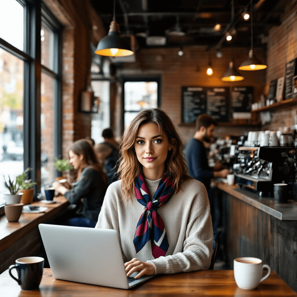 A busy urban coffee shop with exposed brick walls and industrial lighting, featuring a stylish woman at a window bar working on her laptop, dressed in a crew-neck sweater and a bold geometric scarf, surrounded by patrons and baristas in a warm, inviting atmosphere.