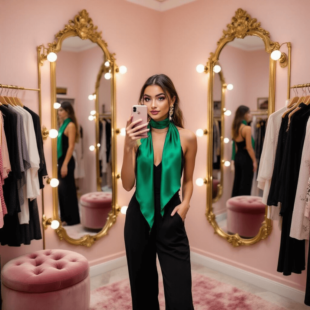 A young fashion influencer takes a selfie in a chic boutique dressing room with blush pink walls and gold-framed mirrors, wearing a black jumpsuit and an emerald green silk scarf, surrounded by curated clothing, accessories, and soft Hollywood-style lighting.