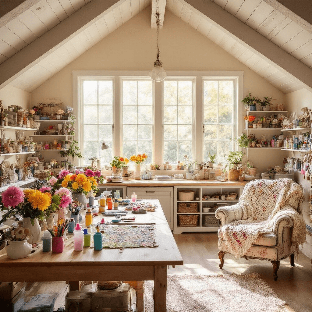 Blooming Brilliance: How to Create Stunning Flower Tumblers A bright and inviting craft room with vaulted ceilings and exposed beams, featuring a large wooden workbench filled with colorful craft supplies, shelves organized in rainbow order, and a vintage floral armchair draped with a crocheted blanket, all bathed in warm afternoon light.