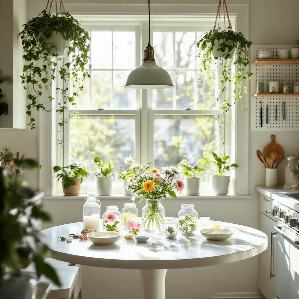 Blooming Brilliance: How to Create Stunning Flower Tumblers A bright and airy modern kitchen nook with a round white table set against a bay window, featuring epoxy resin supplies and flower-embedded tumblers. Sleek stainless steel appliances reflect soft morning light, with hanging plants framing the window and a pegboard displaying neatly arranged crafting tools. The color scheme includes crisp whites and greens with floral accents.