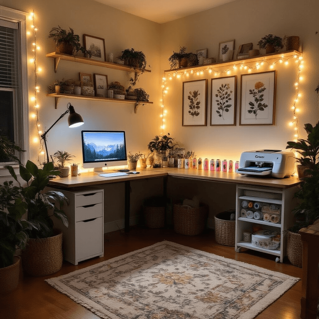 Blooming Brilliance: How to Create Stunning Flower Tumblers Cozy home office with L-shaped desk featuring a computer and Cricut machine, surrounded by floral decals on tumblers, floating shelves with projects, and warm string lights, captured from a corner angle in dusk light.