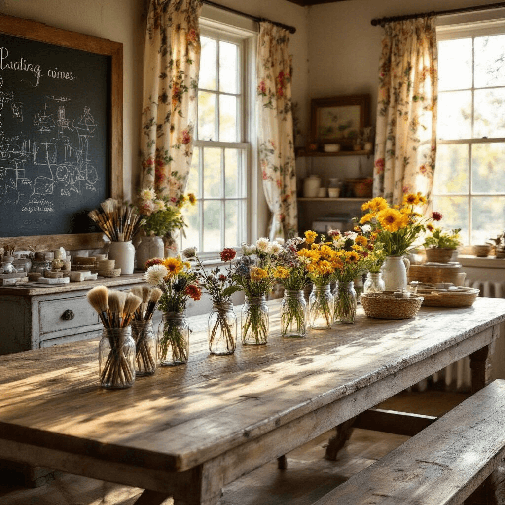 Blooming Brilliance: How to Create Stunning Flower Tumblers Rustic farmhouse dining room filled with golden sunlight, featuring a long reclaimed wood table covered in seasonal flower tumblers, mason jars with brushes, a large chalkboard with design sketches, vintage floral curtains, and a weathered sideboard, all in warm neutrals with pops of color.